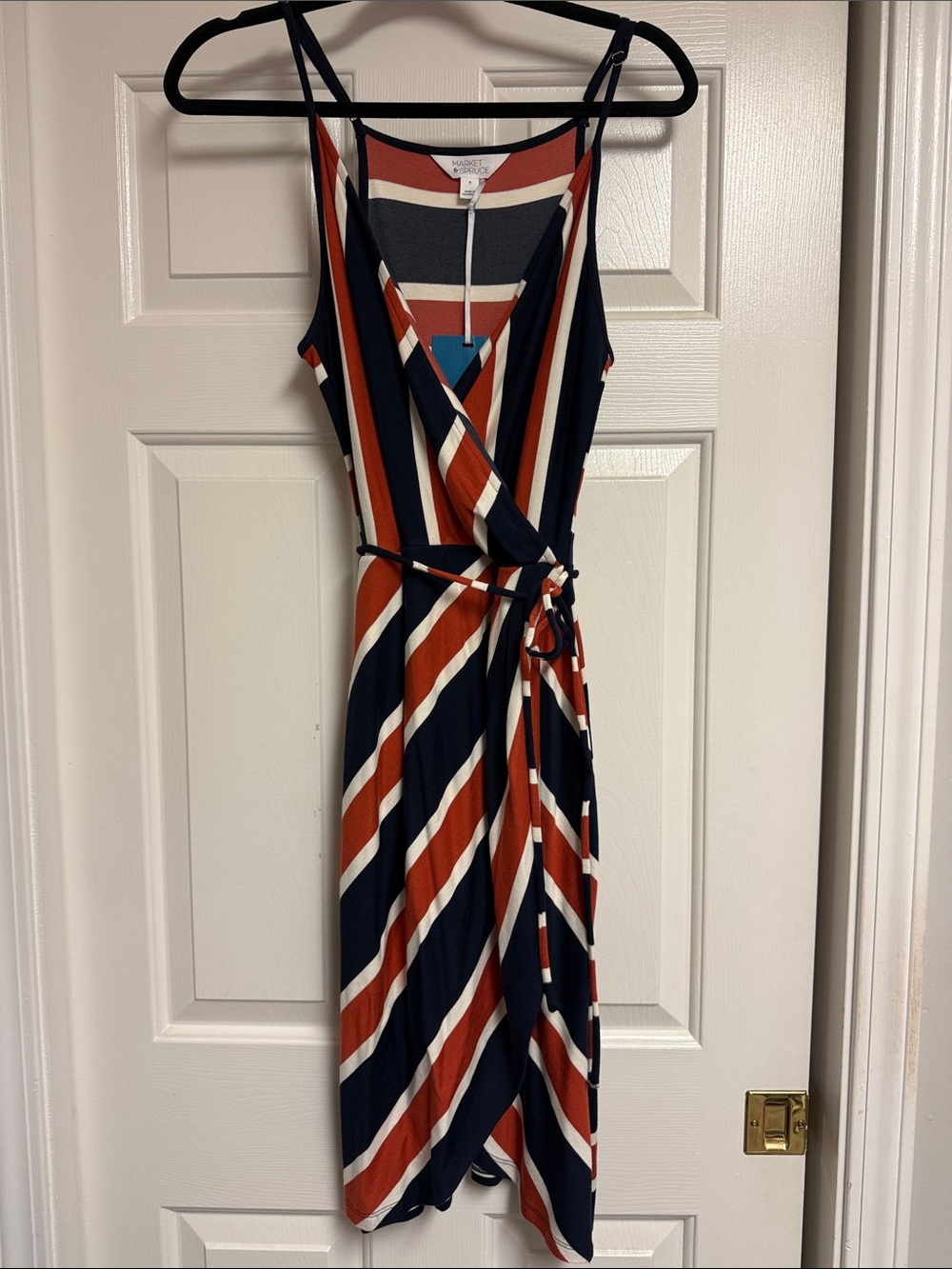 NWT Market & Spruce Annora Faux Wrap Knit Dress, Size M; Navy/White/Terracotta